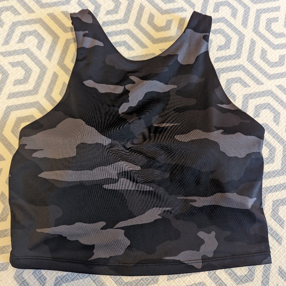 Athleta Black and Gray Camo Conscious Crop Top